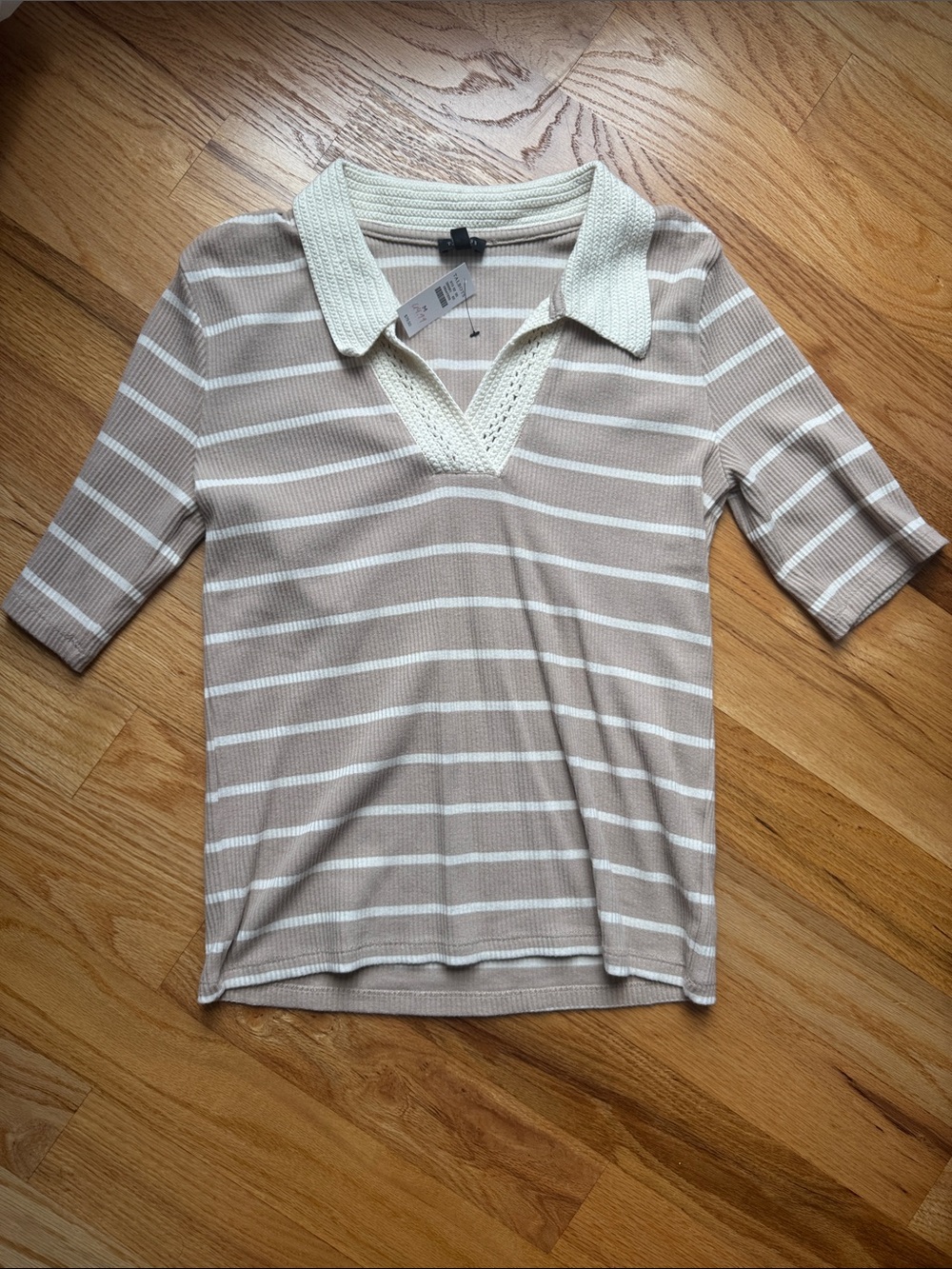 Talbots Beige & White Striped Polo Knit Top